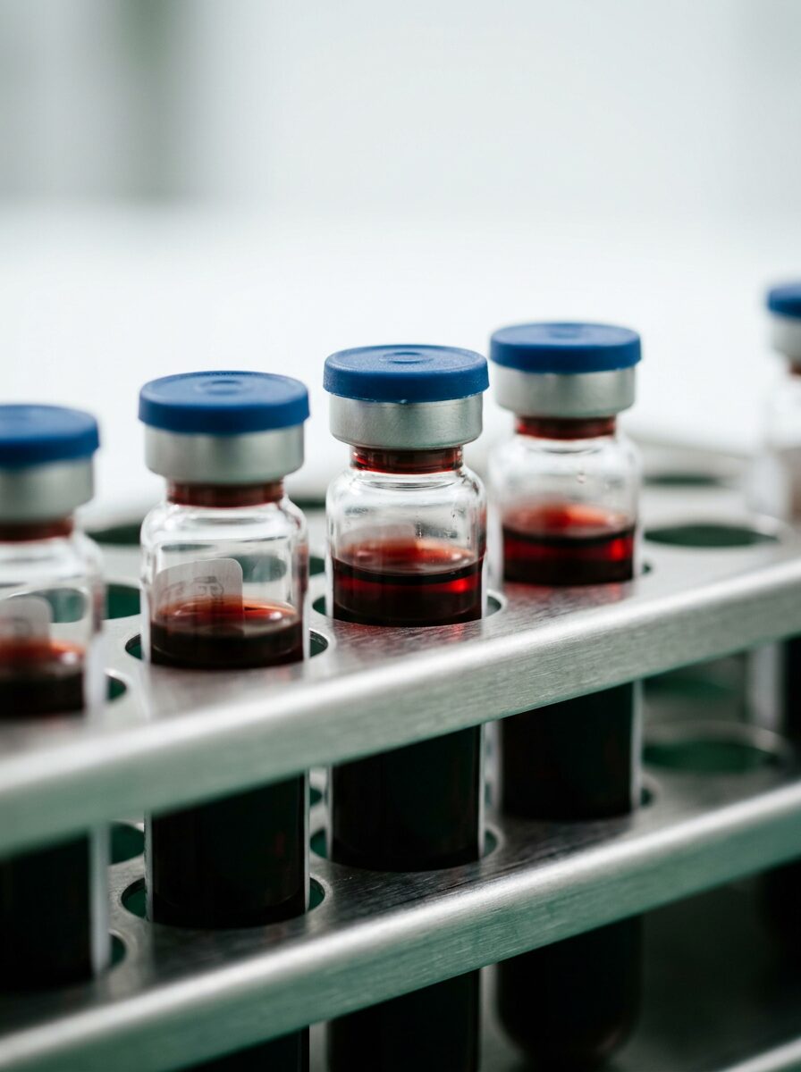 Laboratory blood sample vials in a steel rack