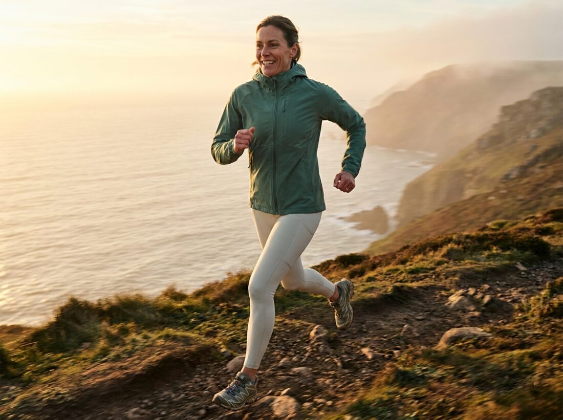 Woman running on a coastal path at dawn
